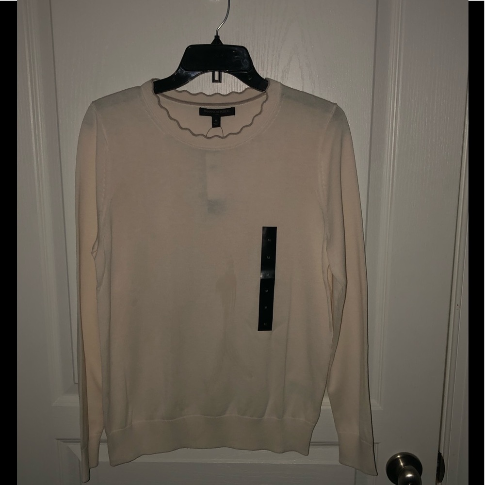 Cream colored sweater, beige scalloped neckline